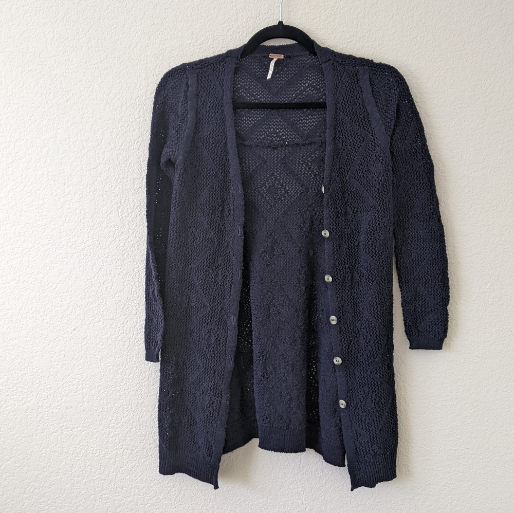 Free People Medium Navy Blue Button Up Crochet Cardigan